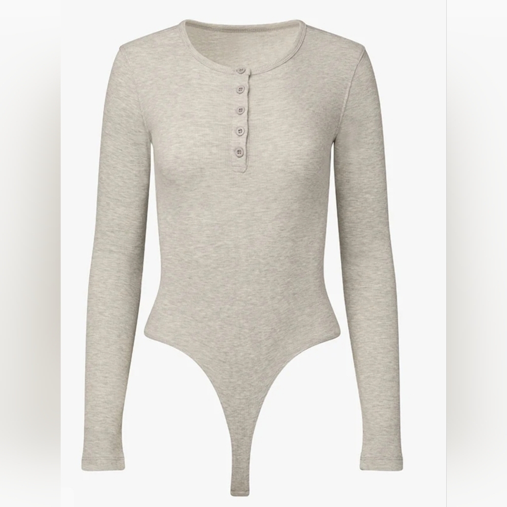 WeWoreWhat Crew Neck Ribbed Henley Bodysuit, Heather Gray